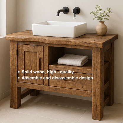 Handcrafted Solid Wood Bathroom Vanity – Rustic Live Edge Base with Drawer and Cabinet Storage