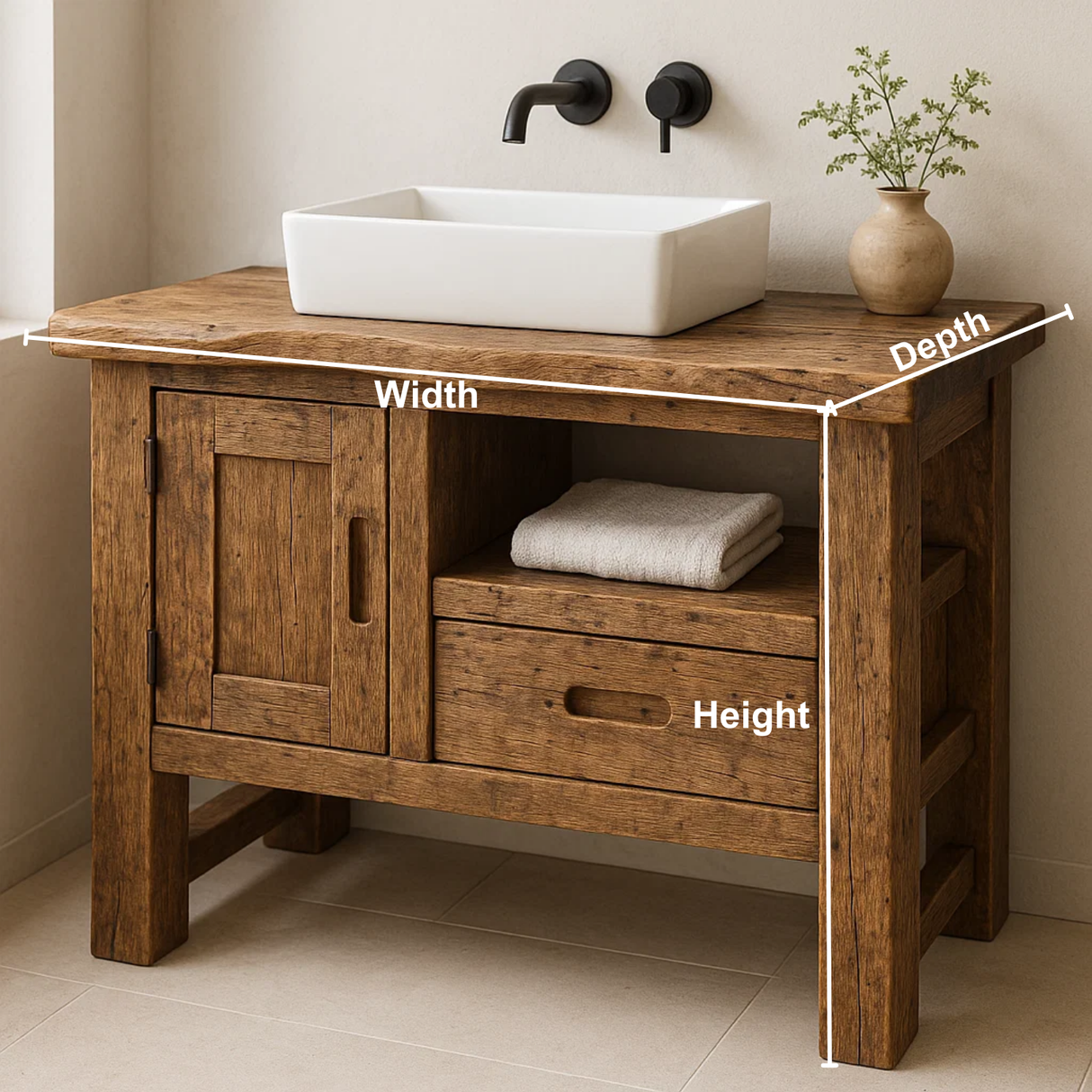 Handcrafted Solid Wood Bathroom Vanity – Rustic Live Edge Base with Drawer and Cabinet Storage