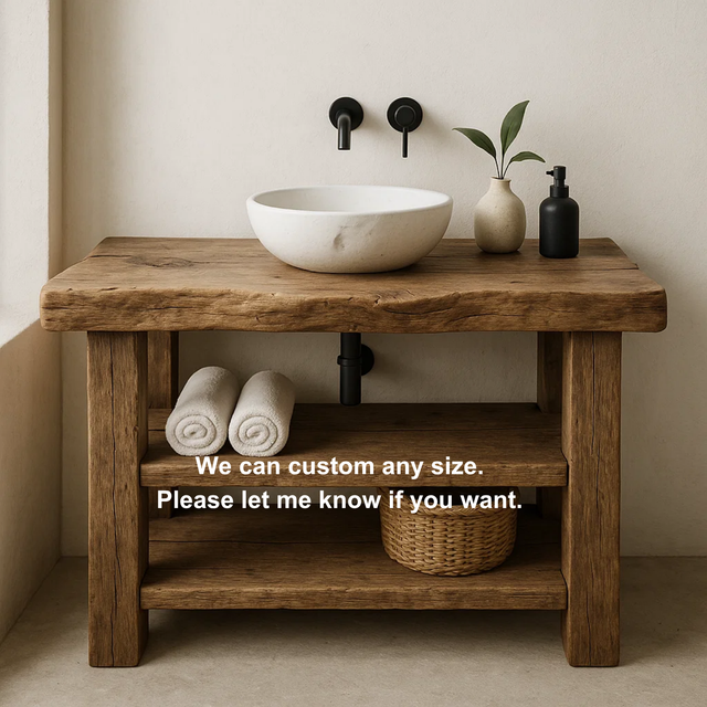 Handcrafted Solid Wood Bathroom Vanity – Rustic Live Edge Base with Double Open Shelves