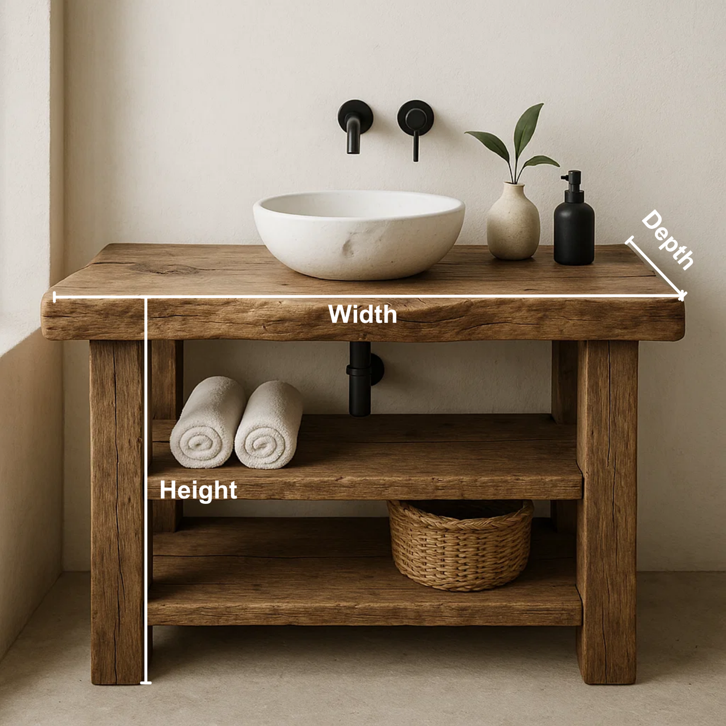 Handcrafted Solid Wood Bathroom Vanity – Rustic Live Edge Base with Double Open Shelves