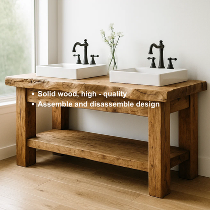 Handcrafted Solid Wood Bathroom Vanity – Rustic Double Live Edge Base with Open Shelf