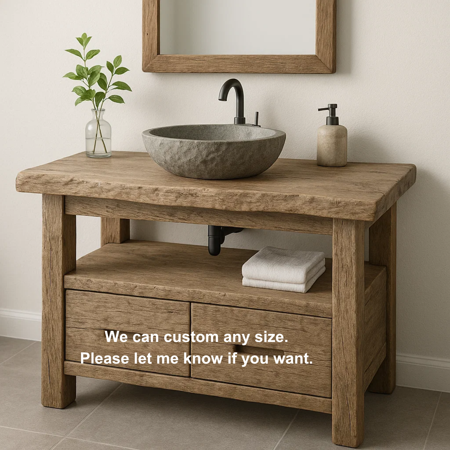 Handcrafted Solid Wood Bathroom Vanity – Rustic Live Edge Base with Drawers and Open Shelf