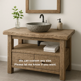 Handcrafted Solid Wood Bathroom Vanity – Rustic Live Edge Base with Drawers and Open Shelf