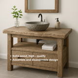 Handcrafted Solid Wood Bathroom Vanity – Rustic Live Edge Base with Drawers and Open Shelf