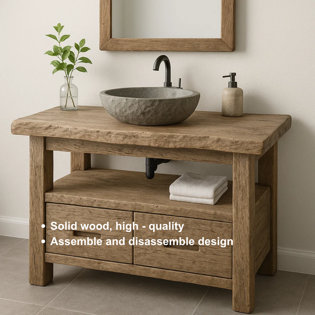 Handcrafted Solid Wood Bathroom Vanity – Rustic Live Edge Base with Drawers and Open Shelf