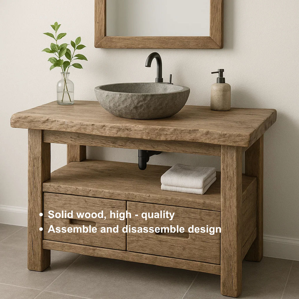 Handcrafted Solid Wood Bathroom Vanity – Rustic Live Edge Base with Drawers and Open Shelf