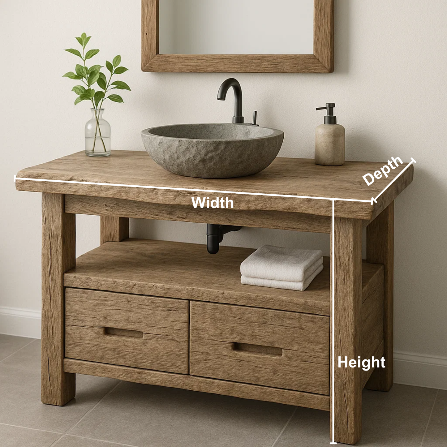 Handcrafted Solid Wood Bathroom Vanity – Rustic Live Edge Base with Drawers and Open Shelf