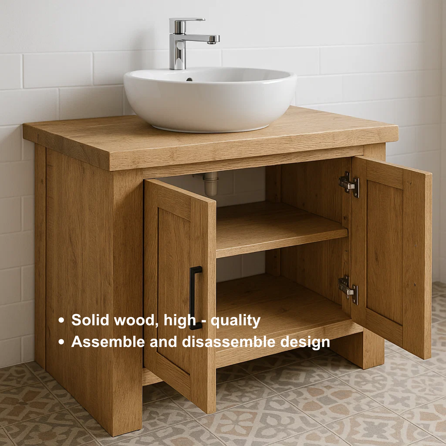Modern Handcrafted Solid Wood Bathroom Vanity – Minimalist Cabinet Base with Double Doors
