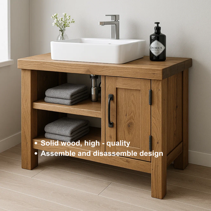 Handcrafted Solid Wood Bathroom Vanity – Modern Rustic Base with Door and Open Shelves