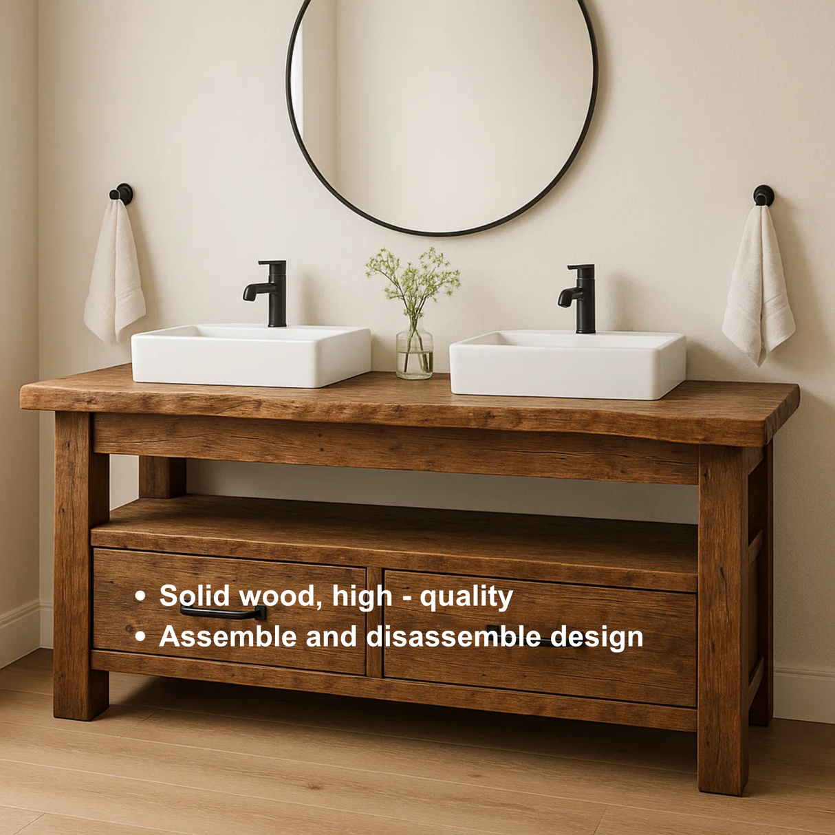 Rustic Handcrafted Solid Wood Double Vanity – Live Edge Base with Drawers and Open Shelf