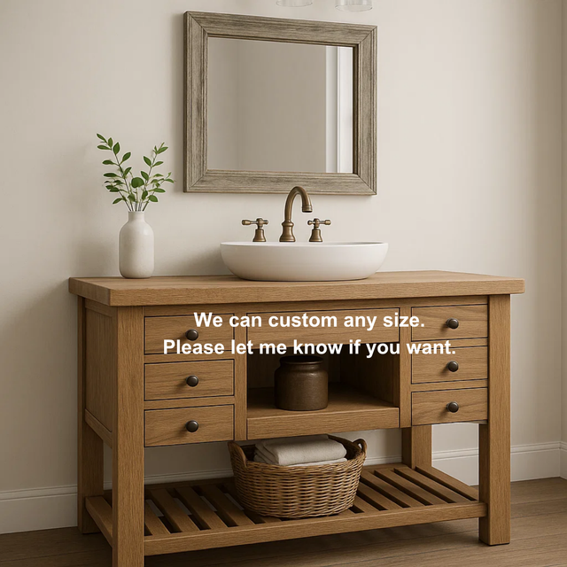 Handcrafted Solid Wood Vanity – Farmhouse Style Bathroom Base with 6 Drawers and Open Shelf