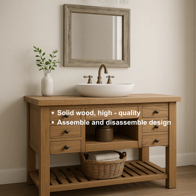 Handcrafted Solid Wood Vanity – Farmhouse Style Bathroom Base with 6 Drawers and Open Shelf