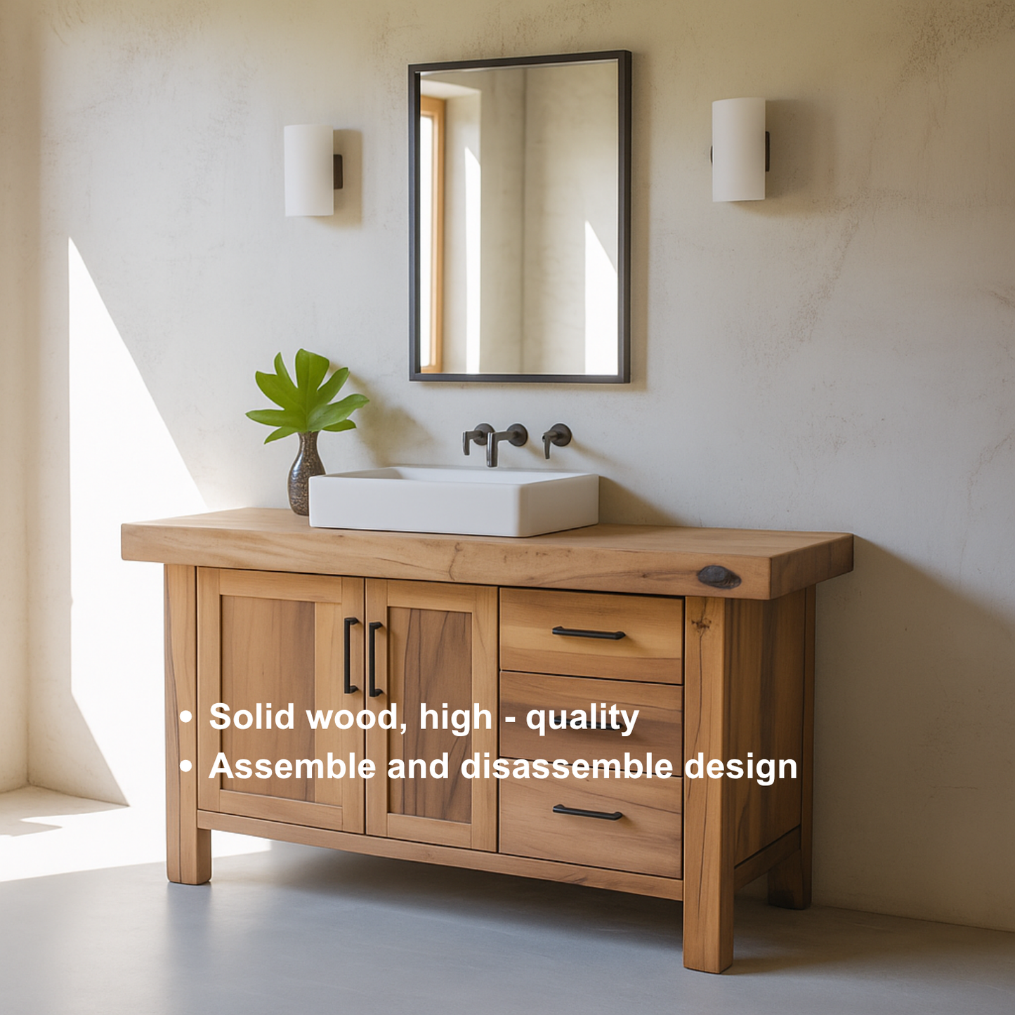 Handcrafted Solid Wood Bathroom Vanity – Rustic Modern Base with 3 Drawers and Cabinet Doors