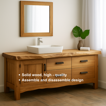 Handcrafted Solid Wood Bathroom Vanity – Natural Live Edge Base with 4 Drawers and Door Cabinet