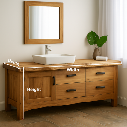 Handcrafted Solid Wood Bathroom Vanity – Natural Live Edge Base with 4 Drawers and Door Cabinet
