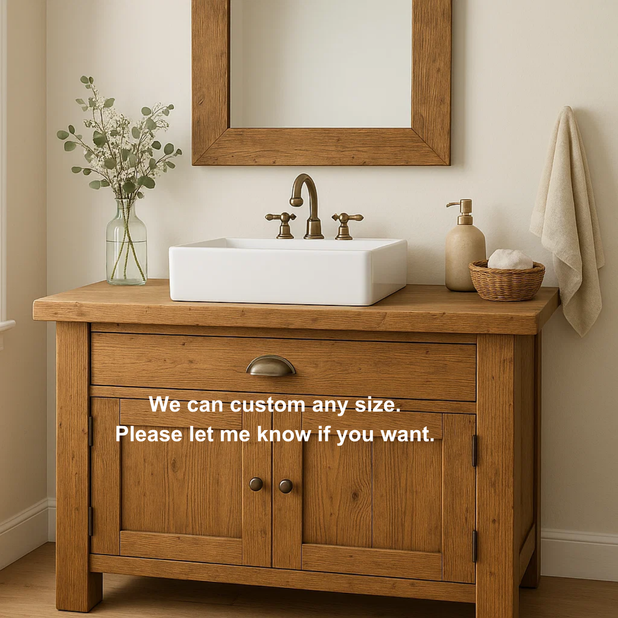 Handcrafted Solid Wood Bathroom Vanity – Rustic Farmhouse Base with Drawer and Double Door Cabinet