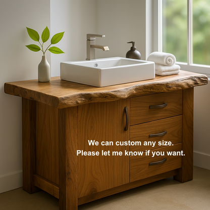 Handcrafted Solid Wood Bathroom Vanity – Live Edge Rustic Base with 3 Drawers and Cabinet