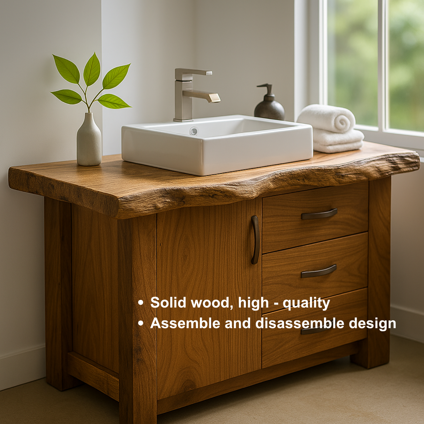 Handcrafted Solid Wood Bathroom Vanity – Live Edge Rustic Base with 3 Drawers and Cabinet