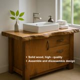 Handcrafted Solid Wood Bathroom Vanity – Live Edge Rustic Base with 3 Drawers and Cabinet