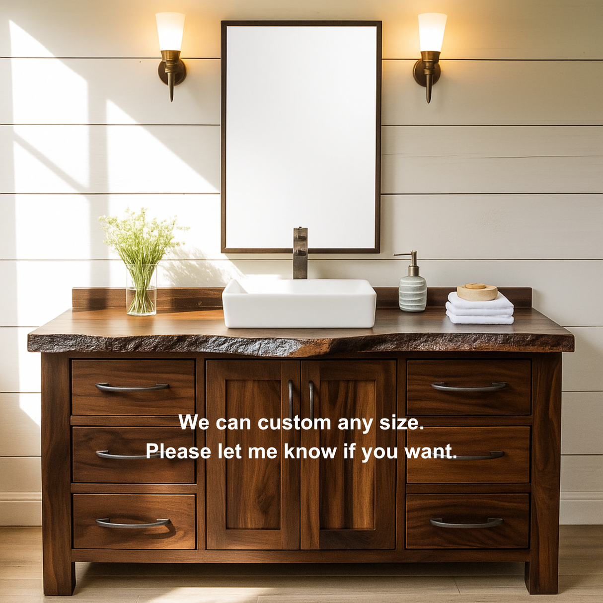 Handcrafted Solid Wood Bathroom Vanity – Live Edge Rustic Base with 6 Drawers and Double Door Cabinet