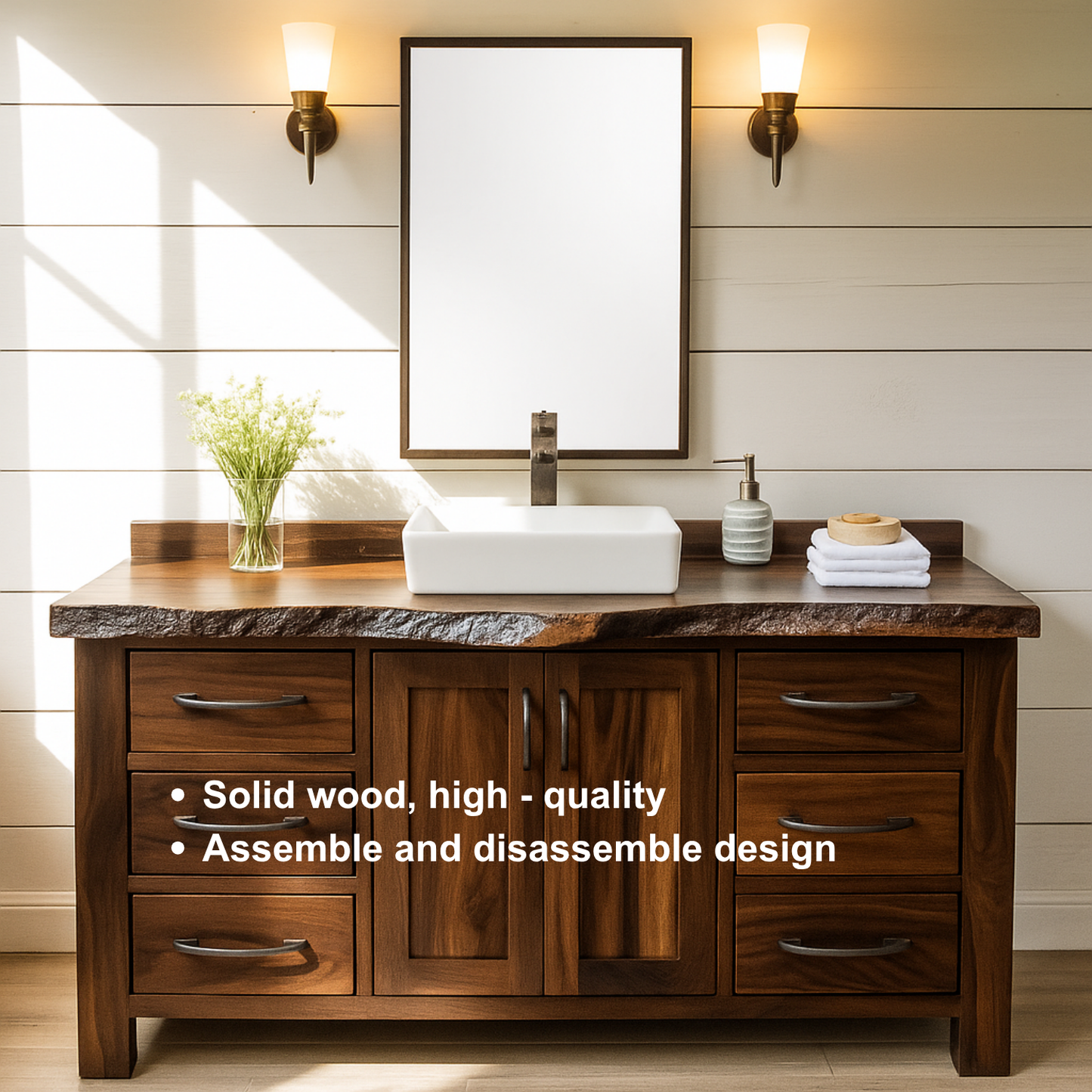 Handcrafted Solid Wood Bathroom Vanity – Live Edge Rustic Base with 6 Drawers and Double Door Cabinet