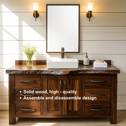 Handcrafted Solid Wood Bathroom Vanity – Live Edge Rustic Base with 6 Drawers and Double Door Cabinet