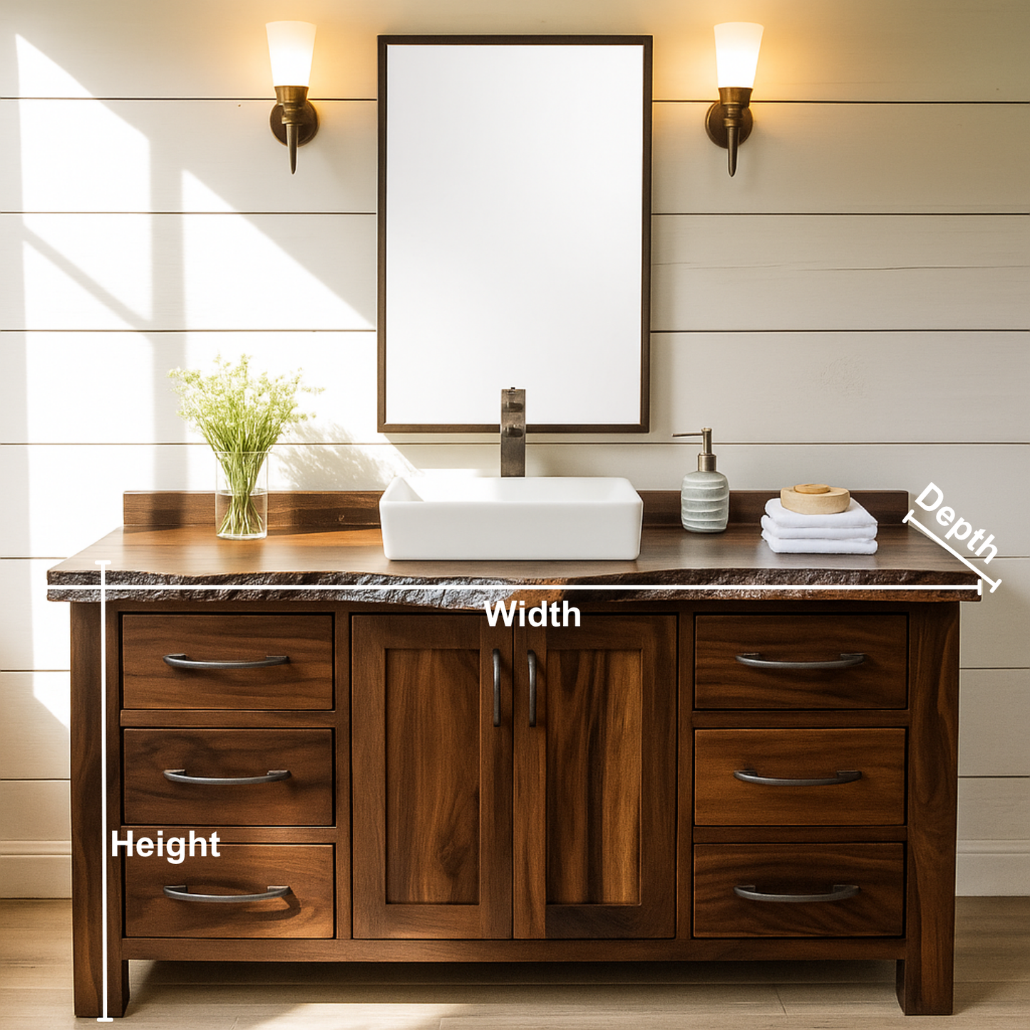 Handcrafted Solid Wood Bathroom Vanity – Live Edge Rustic Base with 6 Drawers and Double Door Cabinet