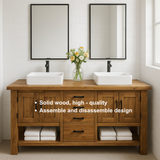 Handcrafted Solid Wood Double Bathroom Vanity – Rustic Base with Central Drawers and Side Cabinets