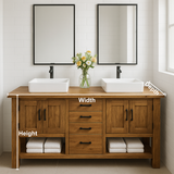 Handcrafted Solid Wood Double Bathroom Vanity – Rustic Base with Central Drawers and Side Cabinets