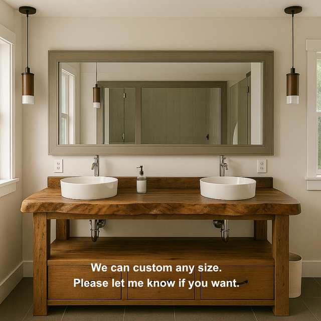 Handcrafted Solid Wood Double Vanity – Live Edge Bathroom Base with Drawers and Open Shelf