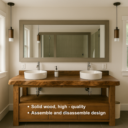 Handcrafted Solid Wood Double Vanity – Live Edge Bathroom Base with Drawers and Open Shelf