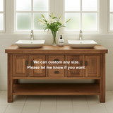 Handcrafted Solid Wood Double Bathroom Vanity – Rustic Base with Center Drawers and Open Shelf