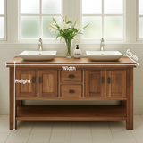 Handcrafted Solid Wood Double Bathroom Vanity – Rustic Base with Center Drawers and Open Shelf