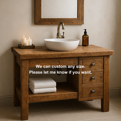 Handcrafted Solid Wood Bathroom Vanity – Rustic Base with Side Drawers and Open Shelf