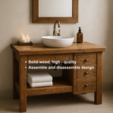 Handcrafted Solid Wood Bathroom Vanity – Rustic Base with Side Drawers and Open Shelf