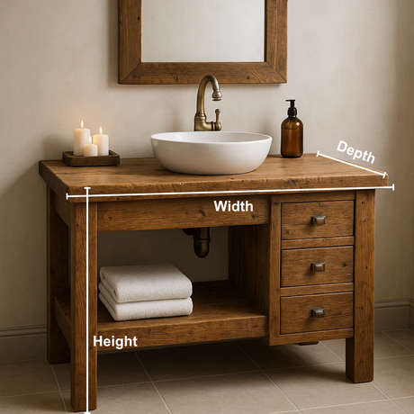 Handcrafted Solid Wood Bathroom Vanity – Rustic Base with Side Drawers and Open Shelf