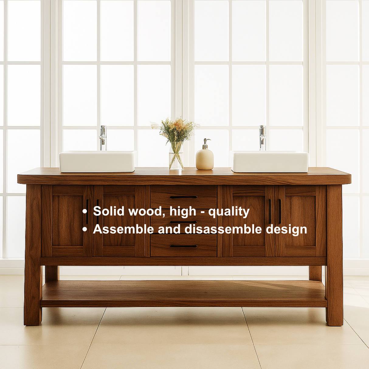 Handcrafted Solid Wood Double Bathroom Vanity – Modern Rustic Base with Center Drawers and Open Shelf