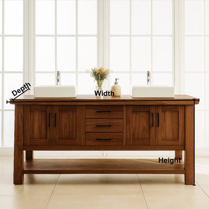 Handcrafted Solid Wood Double Bathroom Vanity – Modern Rustic Base with Center Drawers and Open Shelf