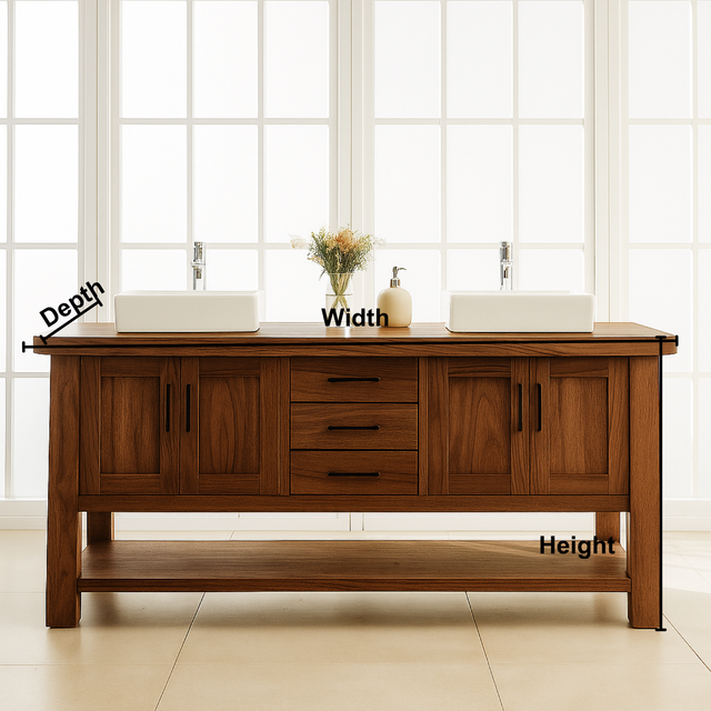 Handcrafted Solid Wood Double Bathroom Vanity – Modern Rustic Base with Center Drawers and Open Shelf