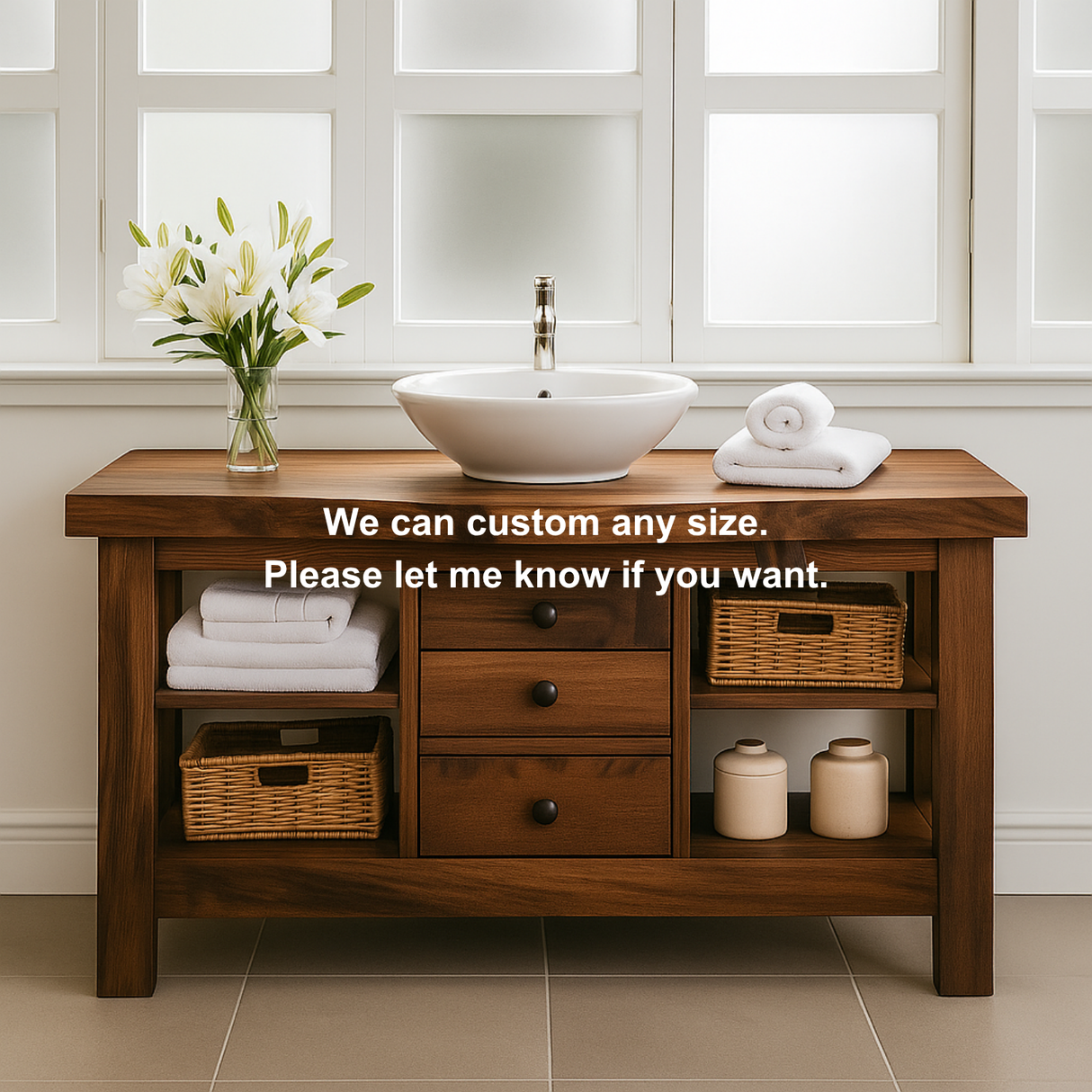 Handcrafted Solid Walnut Bathroom Vanity – Rustic Base with Open Shelves and Center Drawers