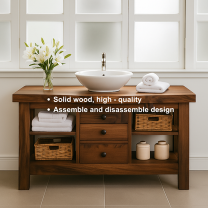Handcrafted Solid Walnut Bathroom Vanity – Rustic Base with Open Shelves and Center Drawers