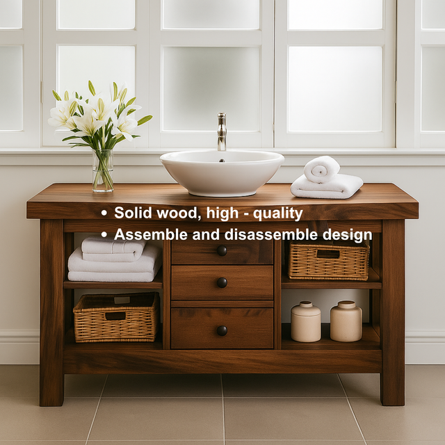 Handcrafted Solid Walnut Bathroom Vanity – Rustic Base with Open Shelves and Center Drawers