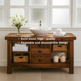 Handcrafted Solid Walnut Bathroom Vanity – Rustic Base with Open Shelves and Center Drawers