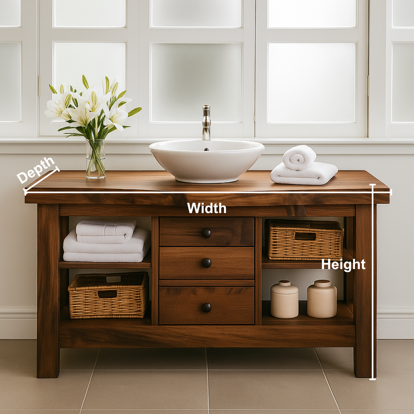 Handcrafted Solid Walnut Bathroom Vanity – Rustic Base with Open Shelves and Center Drawers