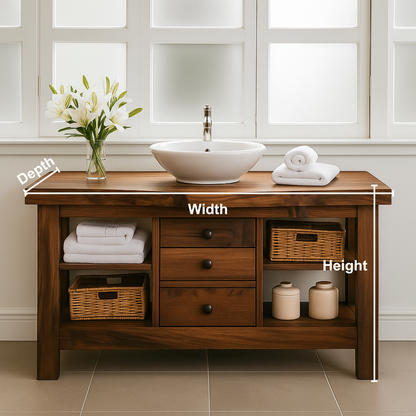 Handcrafted Solid Walnut Bathroom Vanity – Rustic Base with Open Shelves and Center Drawers