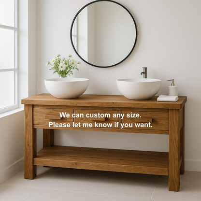 Handcrafted Solid Wood Double Bathroom Vanity – Minimal Rustic Base with 3 Drawers and Open Shelf