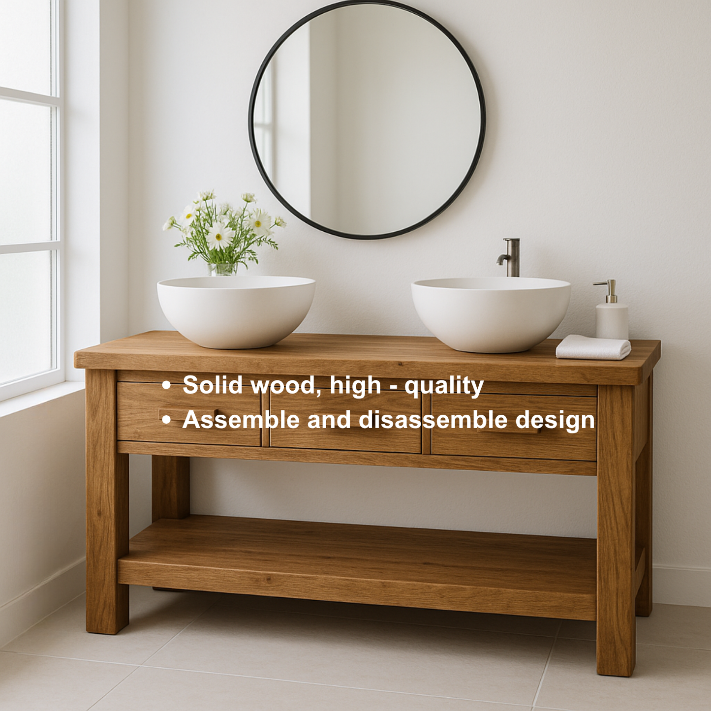 Handcrafted Solid Wood Double Bathroom Vanity – Minimal Rustic Base with 3 Drawers and Open Shelf