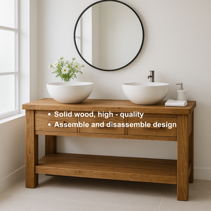 Handcrafted Solid Wood Double Bathroom Vanity – Minimal Rustic Base with 3 Drawers and Open Shelf