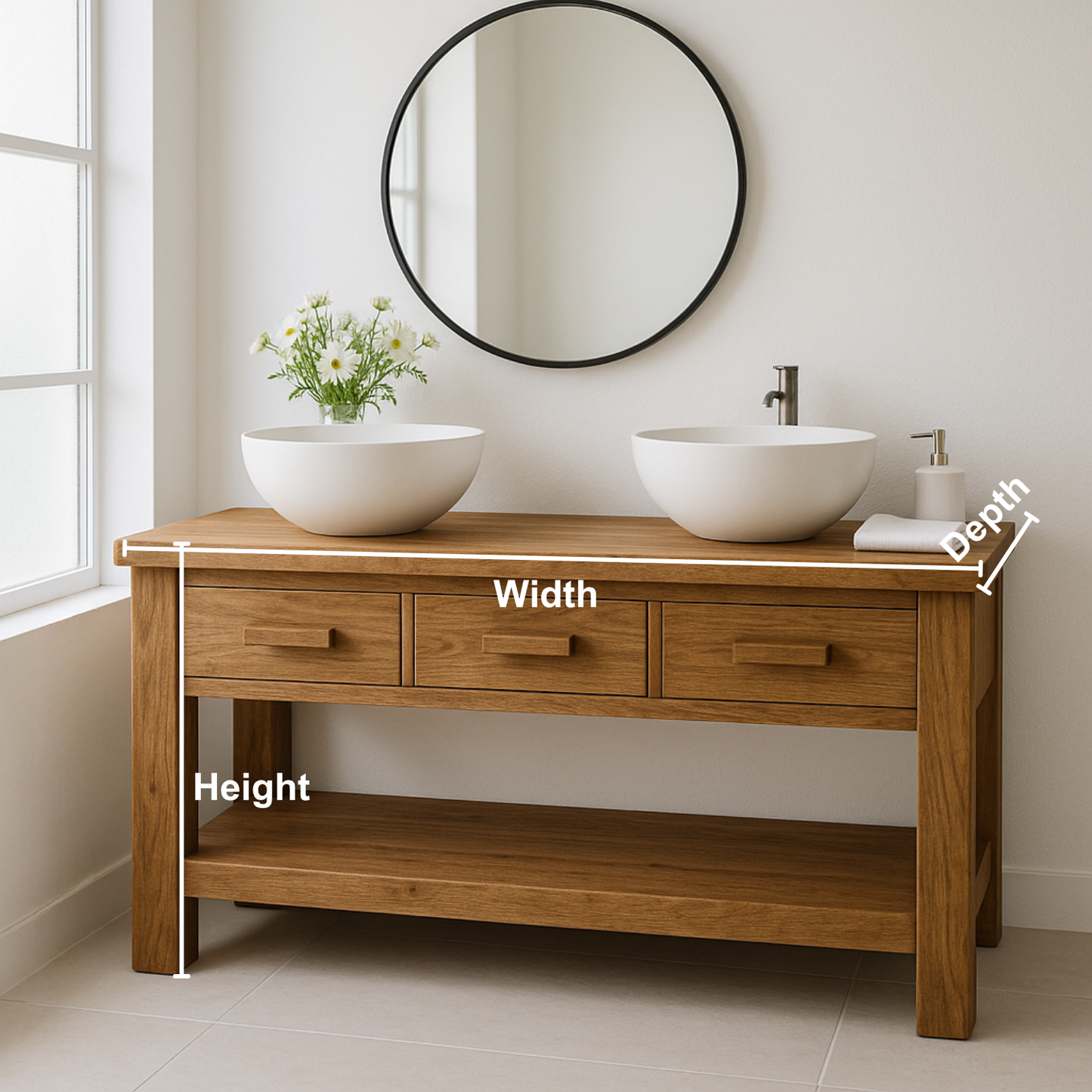 Handcrafted Solid Wood Double Bathroom Vanity – Minimal Rustic Base with 3 Drawers and Open Shelf