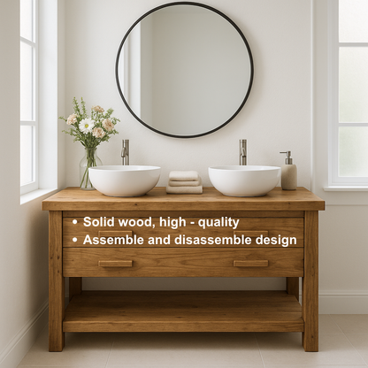Handcrafted Solid Wood Double Bathroom Vanity – Scandinavian Rustic Base with 2 Drawers and Open Shelf